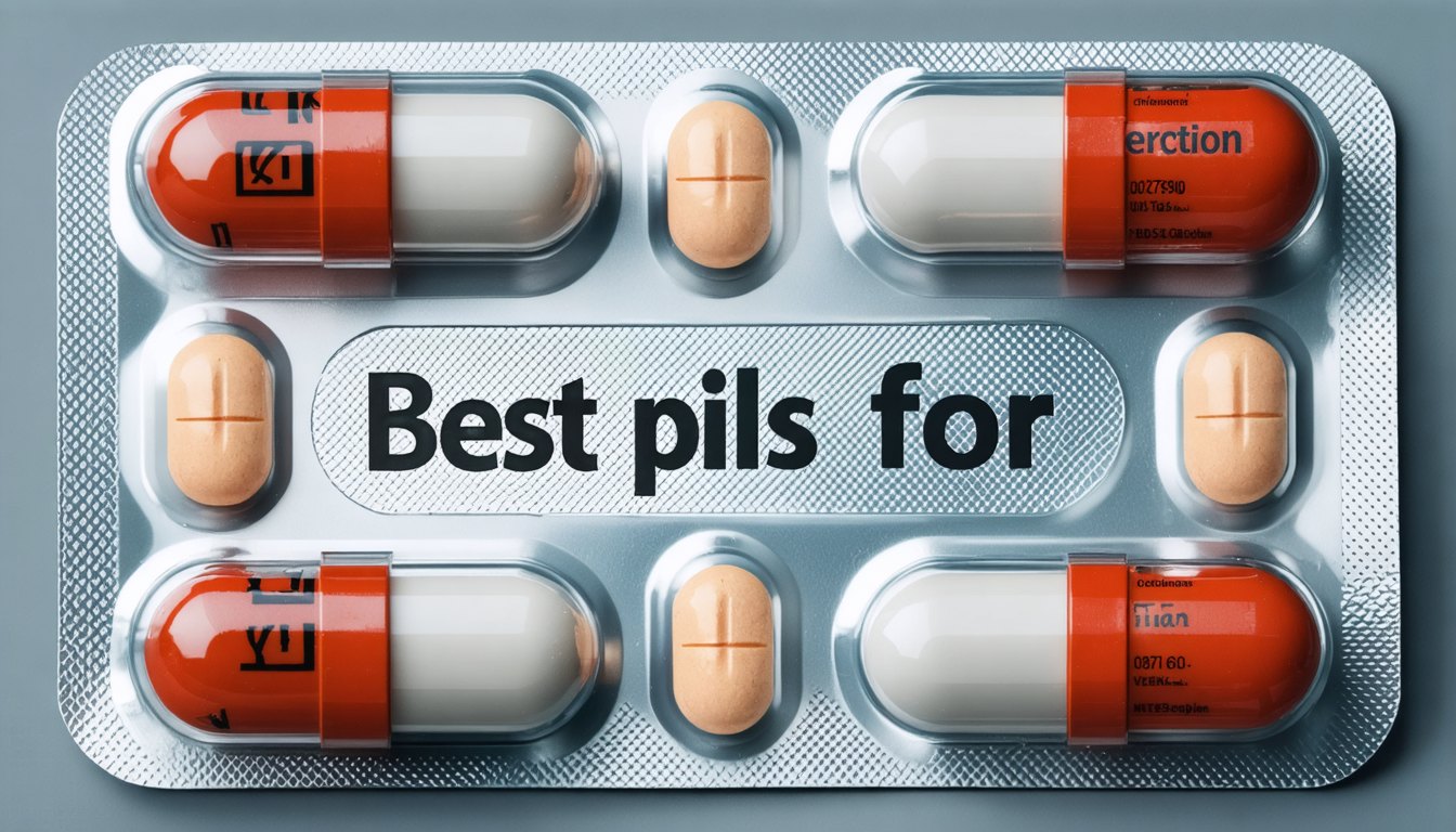 Blister packs of common erectile dysfunction pills next to a glass of water on a bedside table